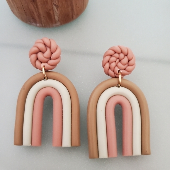 NWT Boho Pink Ivory Rainbow Retro Clay Dangle Earrings - Picture 3 of 5